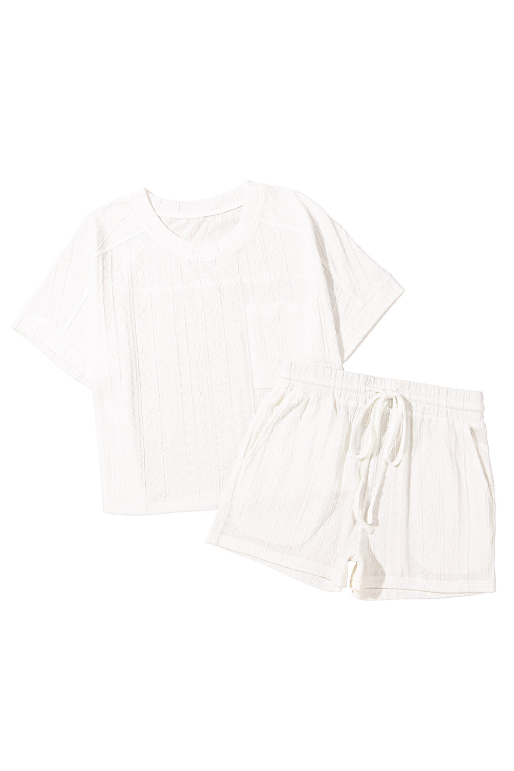 Pale Chestnut Textured Patched Pocket Short Sleeve Top and Drawstring Shorts Set - Two Piece Shorts Sets