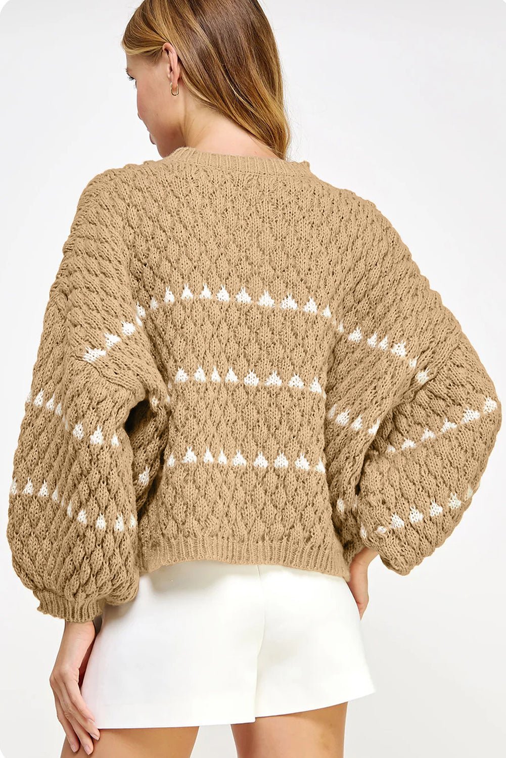 Pale Khaki Contrast Detail Textured Knit Puff Sleeve Baggy Sweater - MAD RUFFI