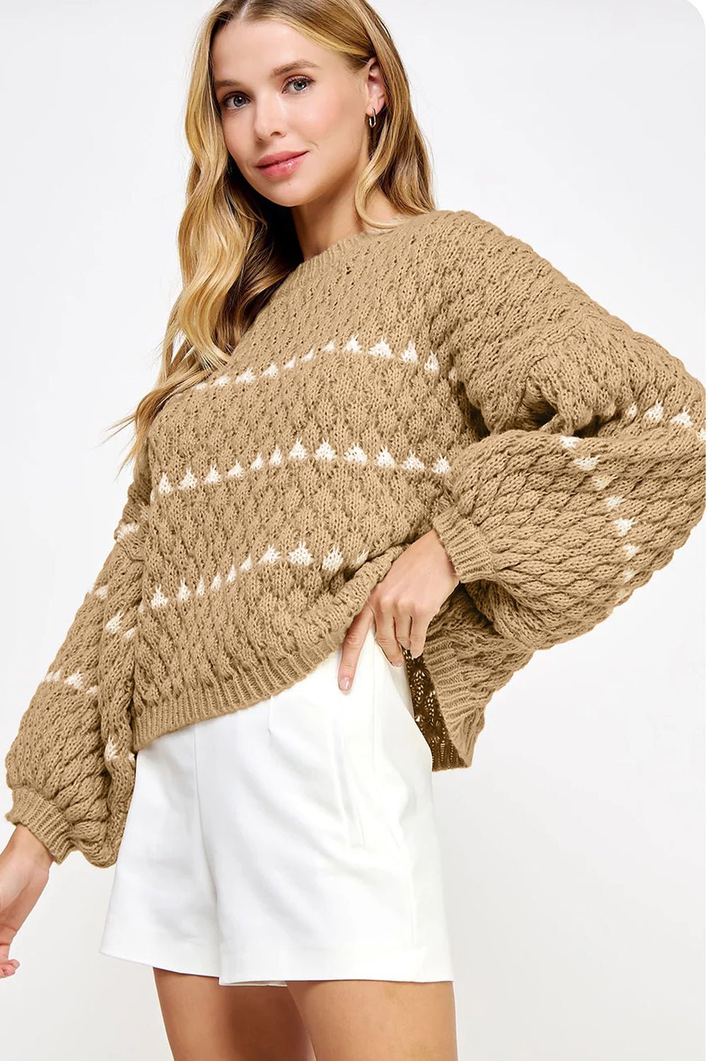 Pale Khaki Contrast Detail Textured Knit Puff Sleeve Baggy Sweater - MAD RUFFI