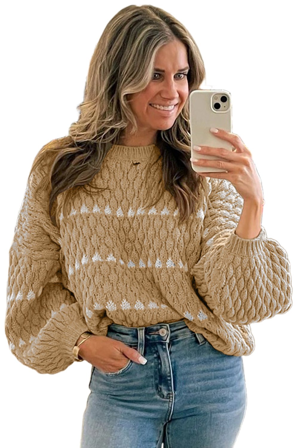 Pale Khaki Contrast Detail Textured Knit Puff Sleeve Baggy Sweater - MAD RUFFI