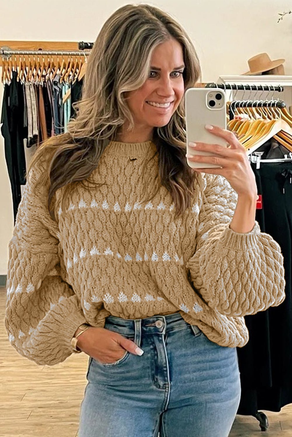 Pale Khaki Contrast Detail Textured Knit Puff Sleeve Baggy Sweater - MAD RUFFI