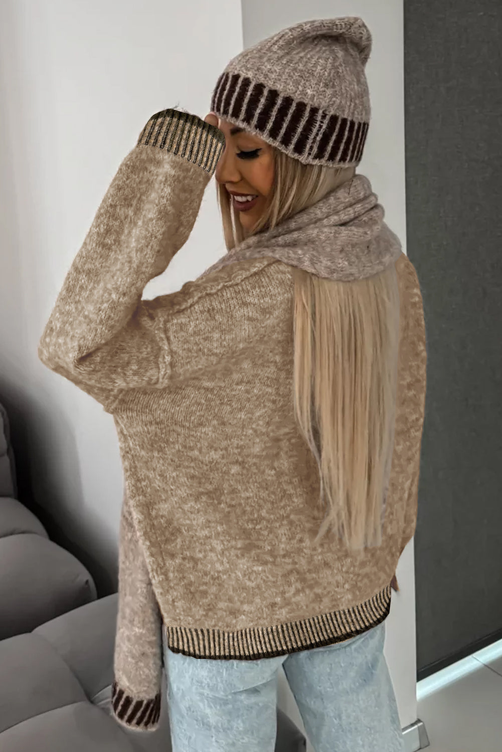 Pale Khaki Contrast Trim Mock Neck Drop Shoulder Sweater - MAD RUFFI