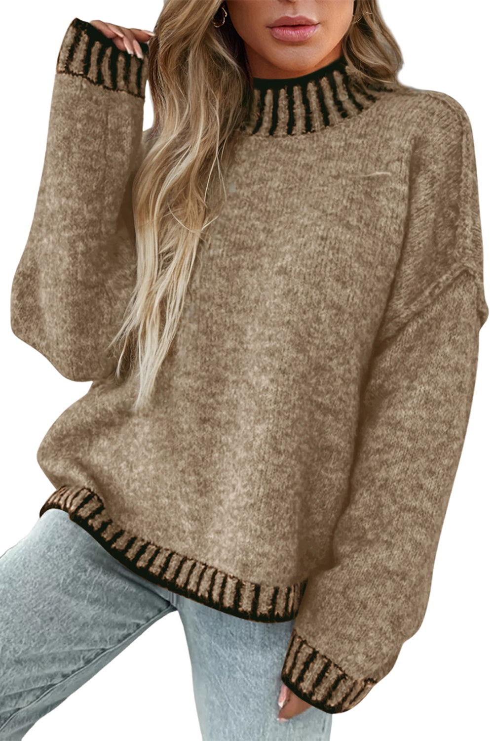 Pale Khaki Contrast Trim Mock Neck Drop Shoulder Sweater - MAD RUFFI