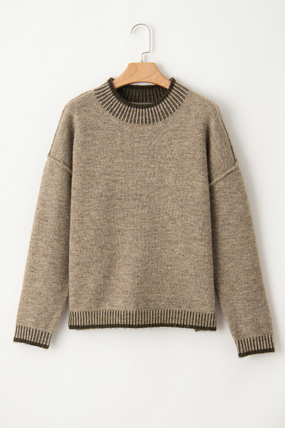 Pale Khaki Contrast Trim Mock Neck Drop Shoulder Sweater - MAD RUFFI