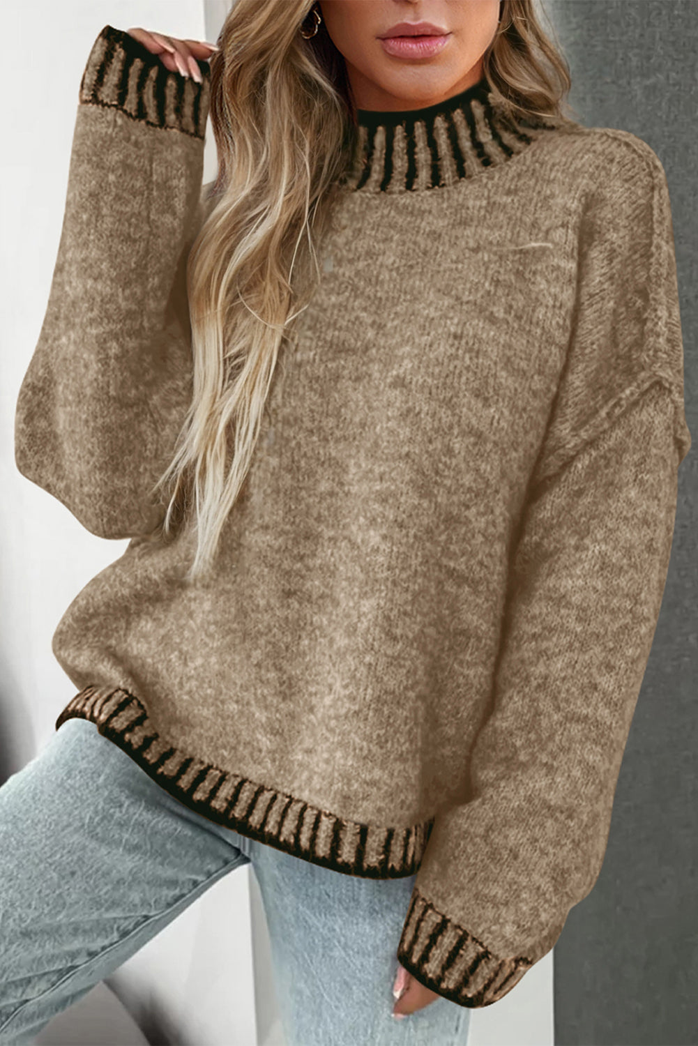 Pale Khaki Contrast Trim Mock Neck Drop Shoulder Sweater - MAD RUFFI