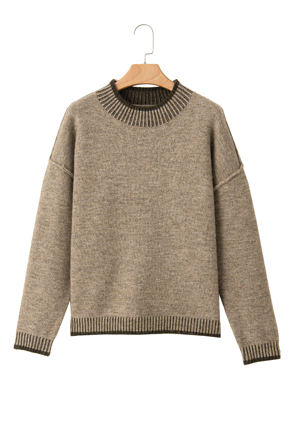 Pale Khaki Contrast Trim Mock Neck Drop Shoulder Sweater - MAD RUFFI