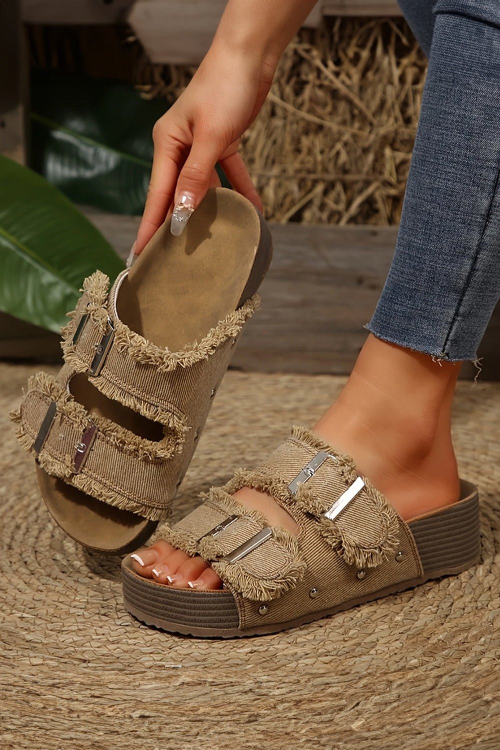Pale Khaki Double Buckle Straps Frayed Detial Retro Slippers - MAD RUFFI
