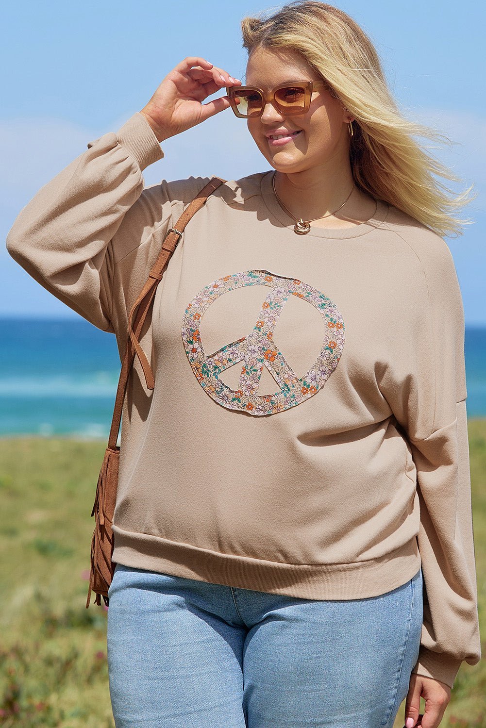 Pale Khaki Floral Peace Graphic Washed Plus Size Sweatshirt - MAD RUFFI
