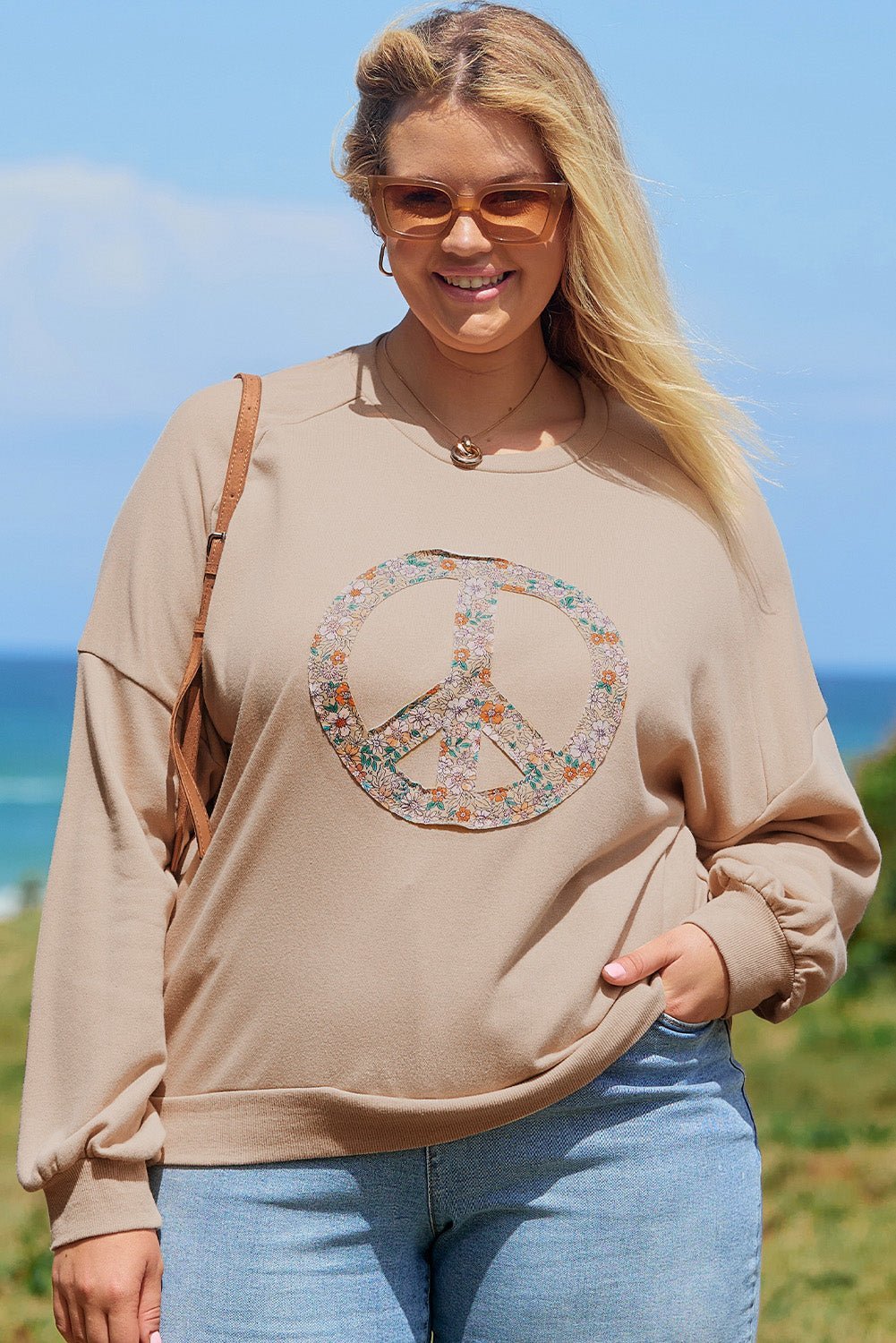 Pale Khaki Floral Peace Graphic Washed Plus Size Sweatshirt - MAD RUFFI