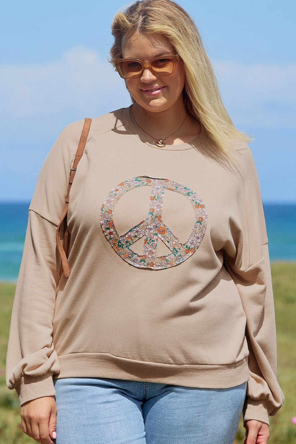 Pale Khaki Floral Peace Graphic Washed Plus Size Sweatshirt - MAD RUFFI