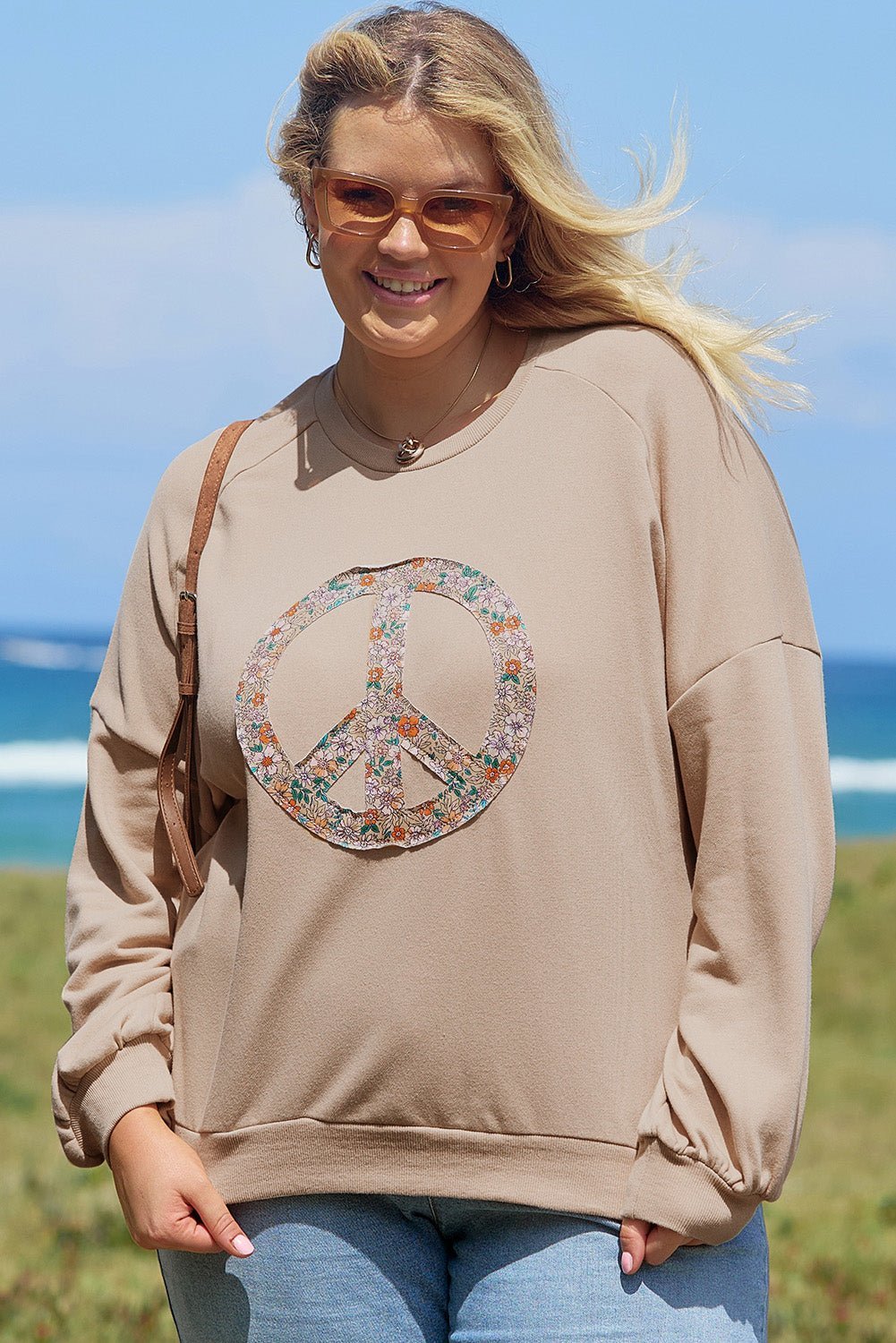Pale Khaki Floral Peace Graphic Washed Plus Size Sweatshirt - MAD RUFFI