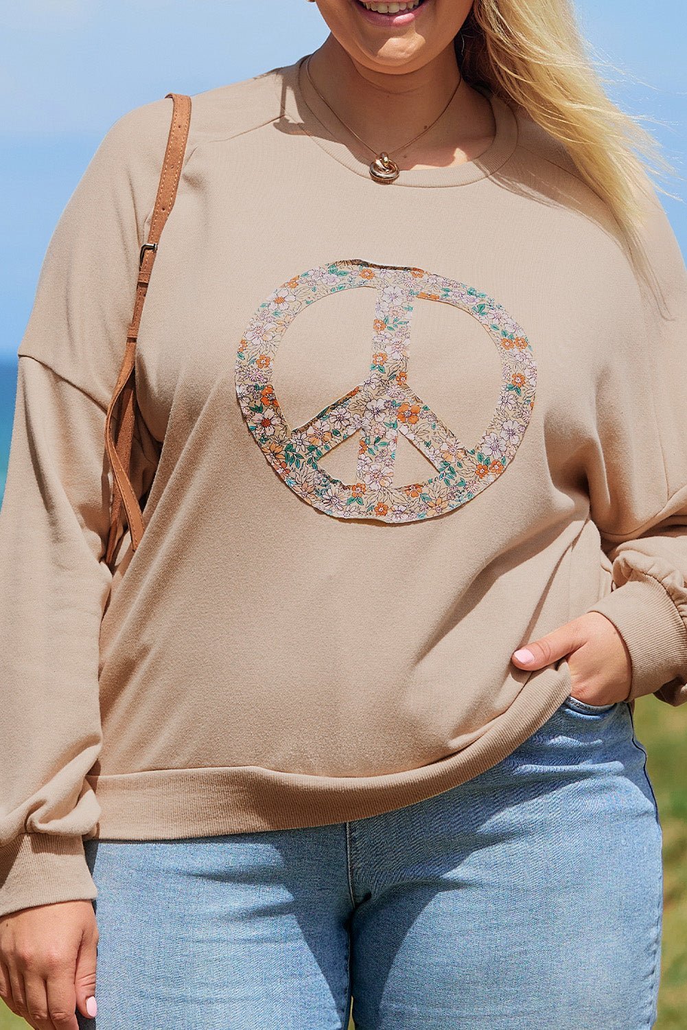 Pale Khaki Floral Peace Graphic Washed Plus Size Sweatshirt - MAD RUFFI