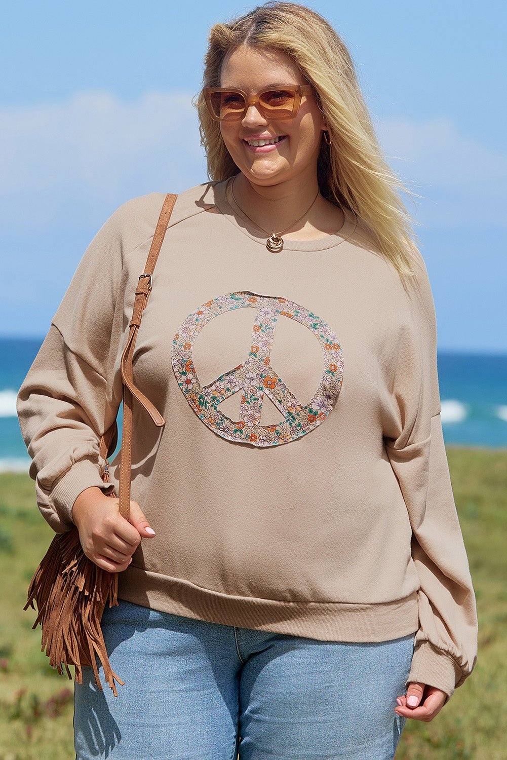 Pale Khaki Floral Peace Graphic Washed Plus Size Sweatshirt - MAD RUFFI