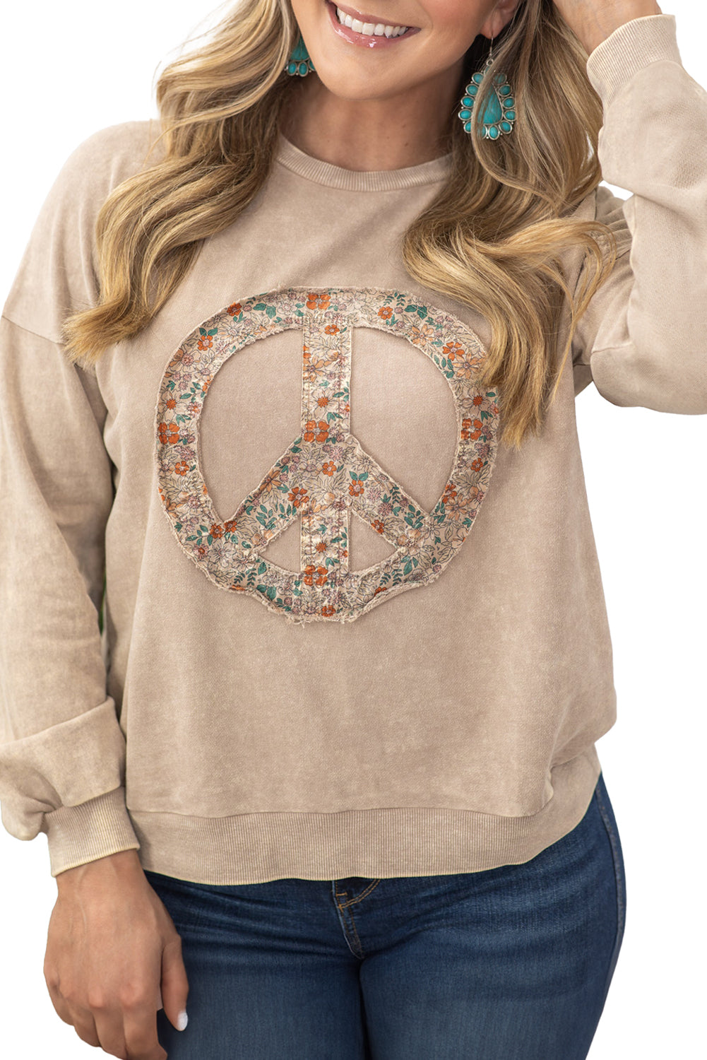 Pale Khaki Floral Peace Graphic Washed Plus Size Sweatshirt - Plus Size Tops