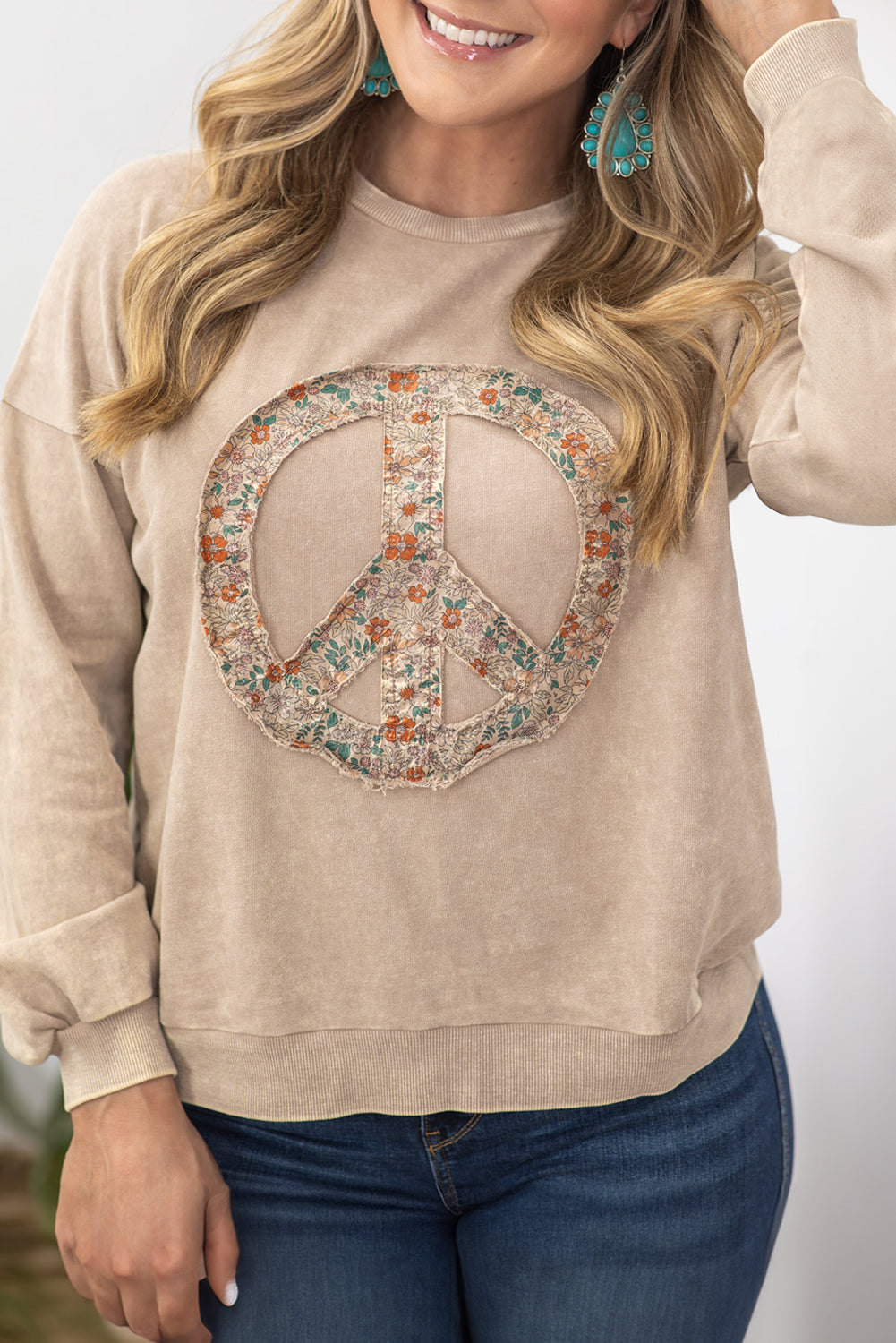 Pale Khaki Floral Peace Graphic Washed Plus Size Sweatshirt - Plus Size Tops