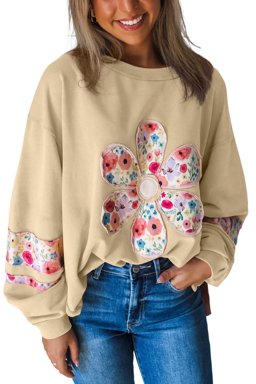 Pale Khaki Flower Applique Patchwork Drop Sleeve Pullover Sweatshirt - MAD RUFFI