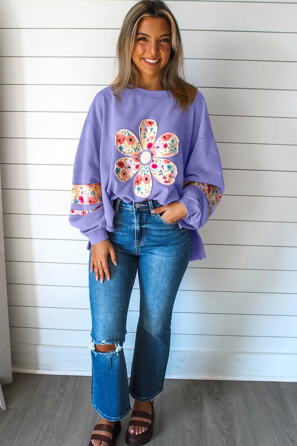 Pale Khaki Flower Applique Patchwork Drop Sleeve Pullover Sweatshirt - MAD RUFFI