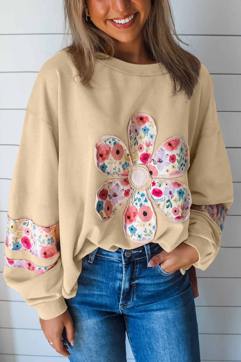 Pale Khaki Flower Applique Patchwork Drop Sleeve Pullover Sweatshirt - MAD RUFFI