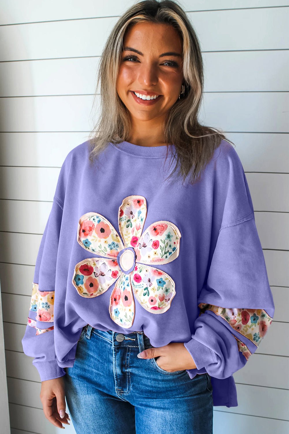 Pale Khaki Flower Applique Patchwork Drop Sleeve Pullover Sweatshirt - MAD RUFFI