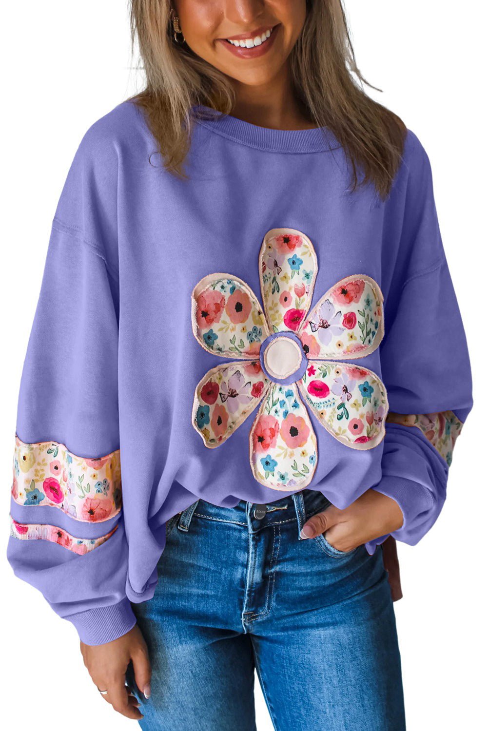 Pale Khaki Flower Applique Patchwork Drop Sleeve Pullover Sweatshirt - MAD RUFFI
