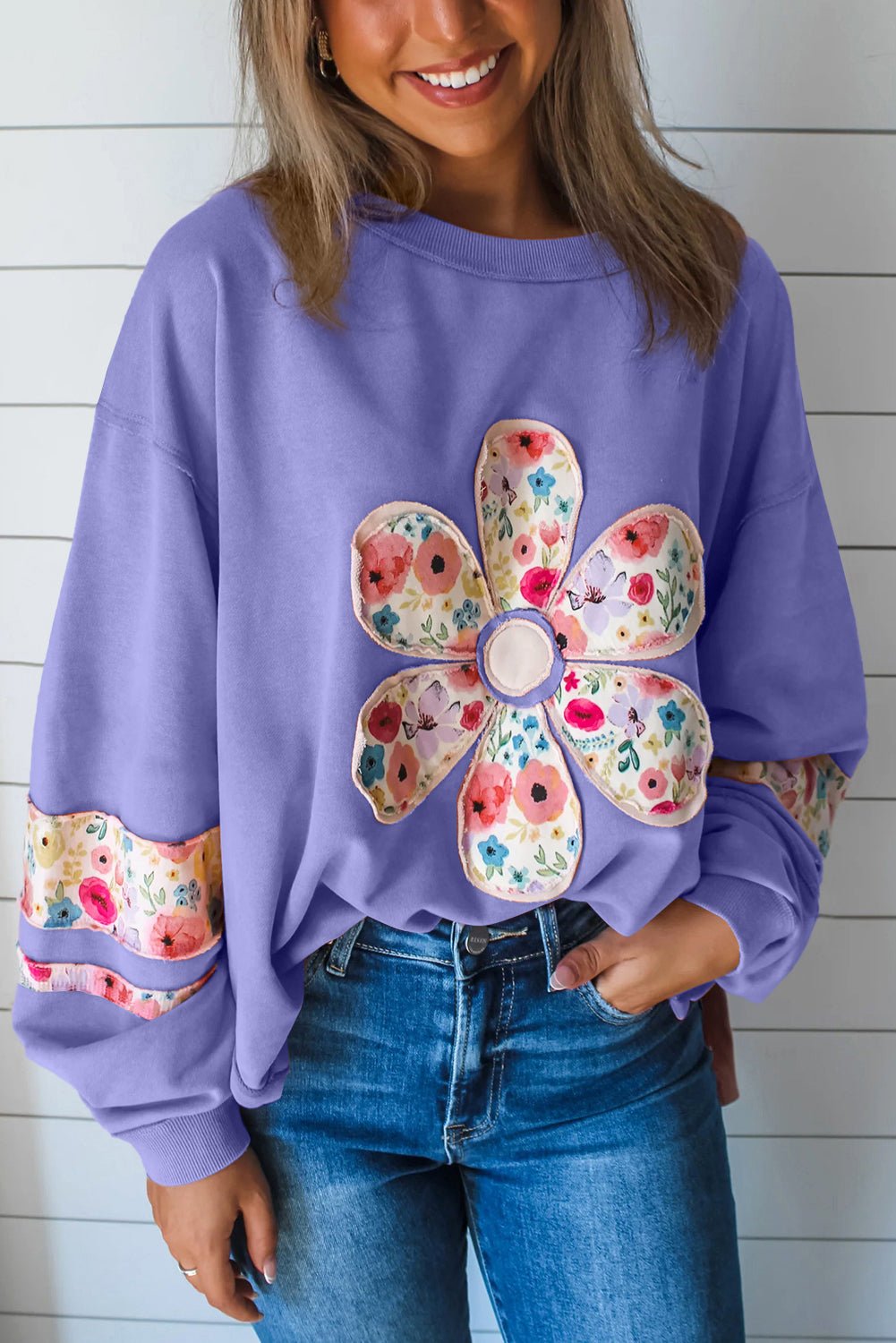 Pale Khaki Flower Applique Patchwork Drop Sleeve Pullover Sweatshirt - MAD RUFFI
