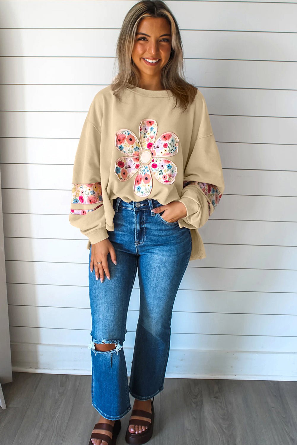 Pale Khaki Flower Applique Patchwork Drop Sleeve Pullover Sweatshirt - MAD RUFFI
