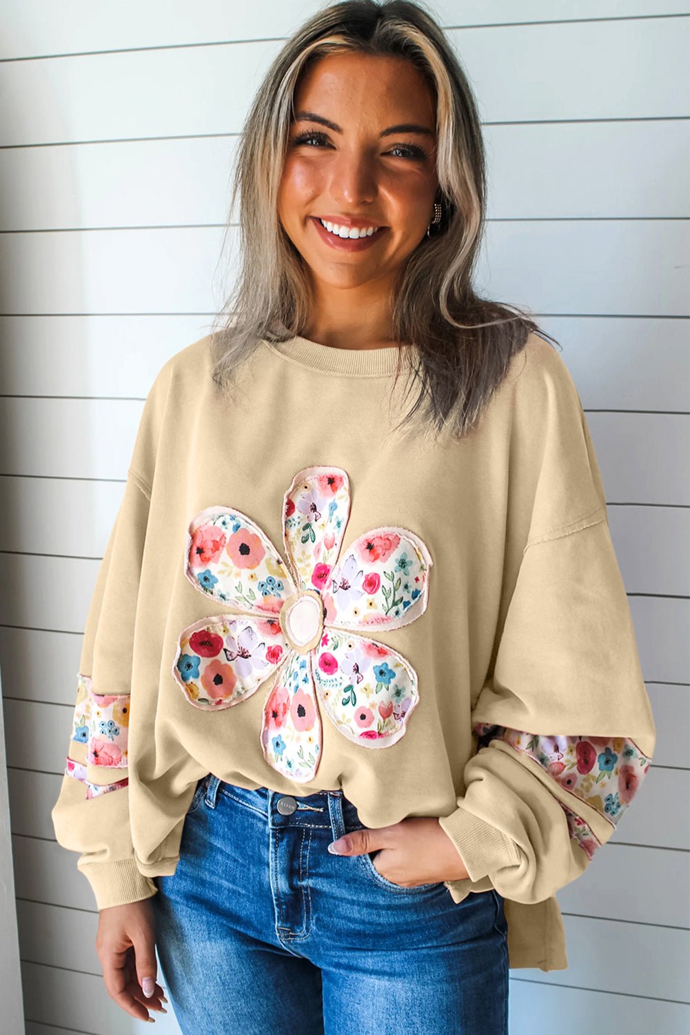 Pale Khaki Flower Applique Patchwork Drop Sleeve Pullover Sweatshirt - MAD RUFFI