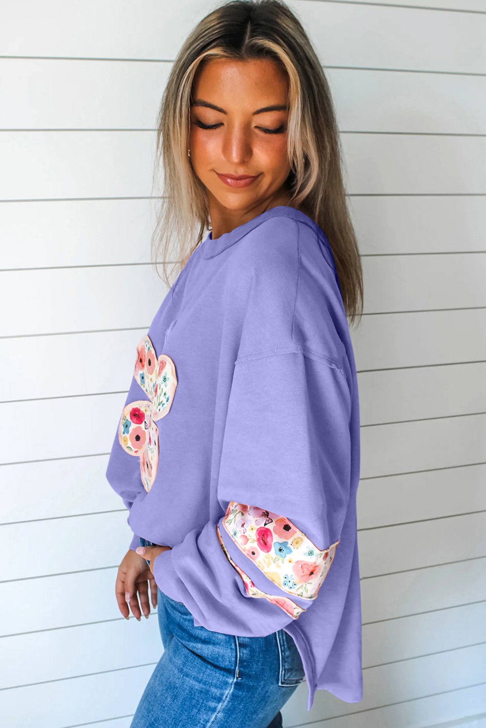 Pale Khaki Flower Applique Patchwork Drop Sleeve Pullover Sweatshirt - MAD RUFFI