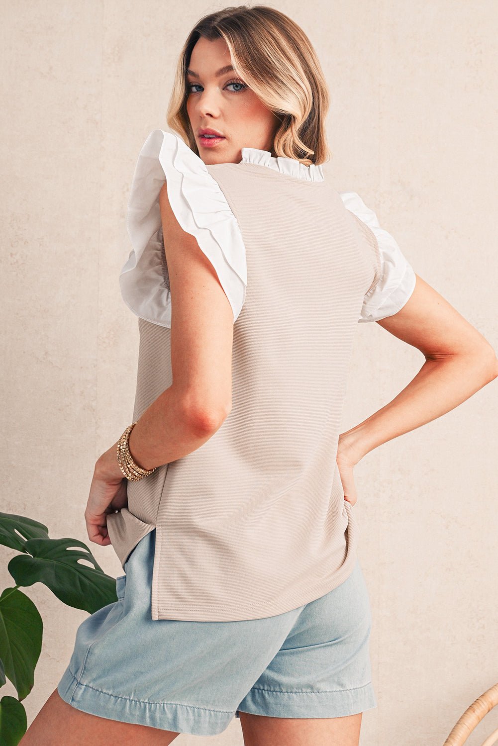 Pale Khaki Frill V Neck Ruffle Textured Top - MAD RUFFI