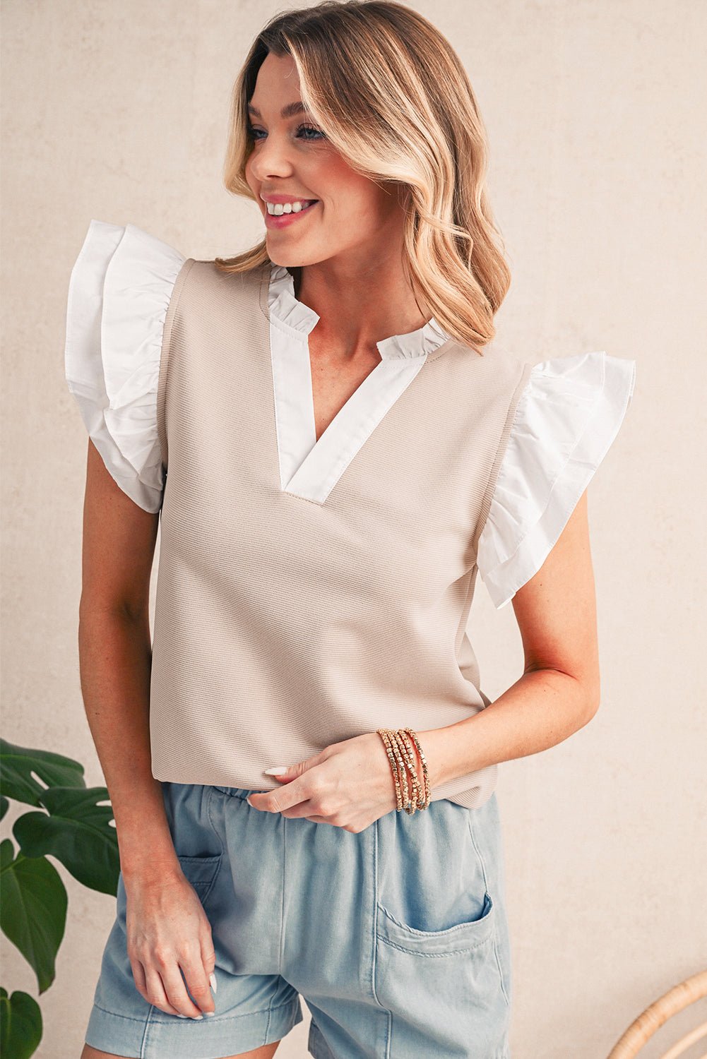 Pale Khaki Frill V Neck Ruffle Textured Top - MAD RUFFI
