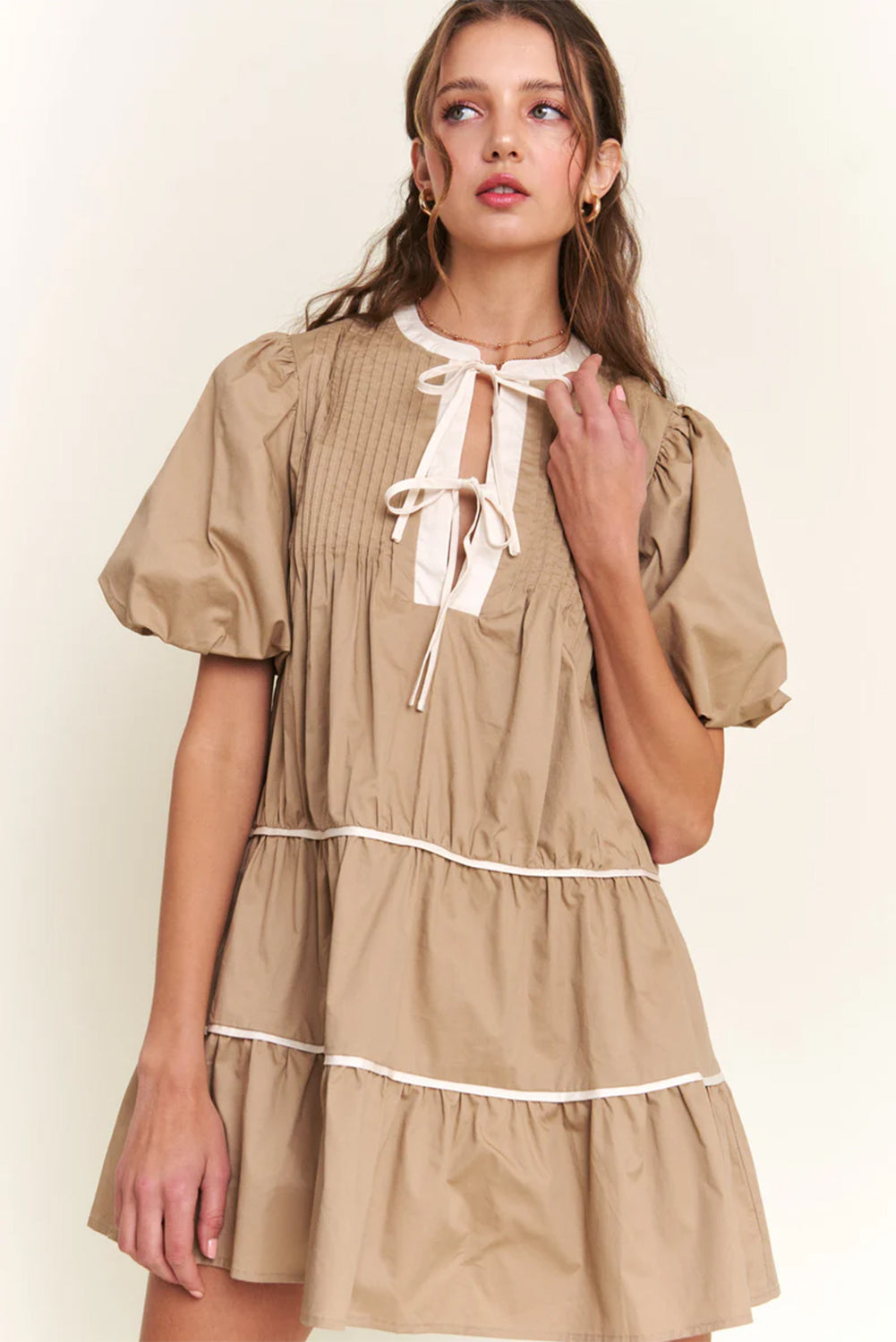 Pale Khaki Knot Front Pleated Tiered Mini Dress - MAD RUFFI