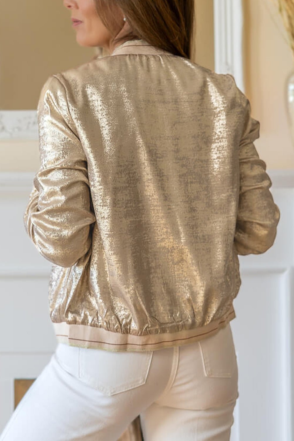 Pale Khaki Metallic Zip Up Baseball Pocket Jacket - MAD RUFFI