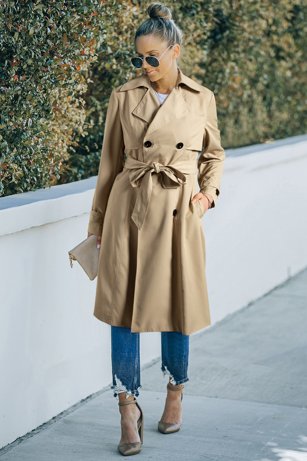 Pale Khaki Solid Color Lapel Collar Pocket Wind Coat - MAD RUFFI