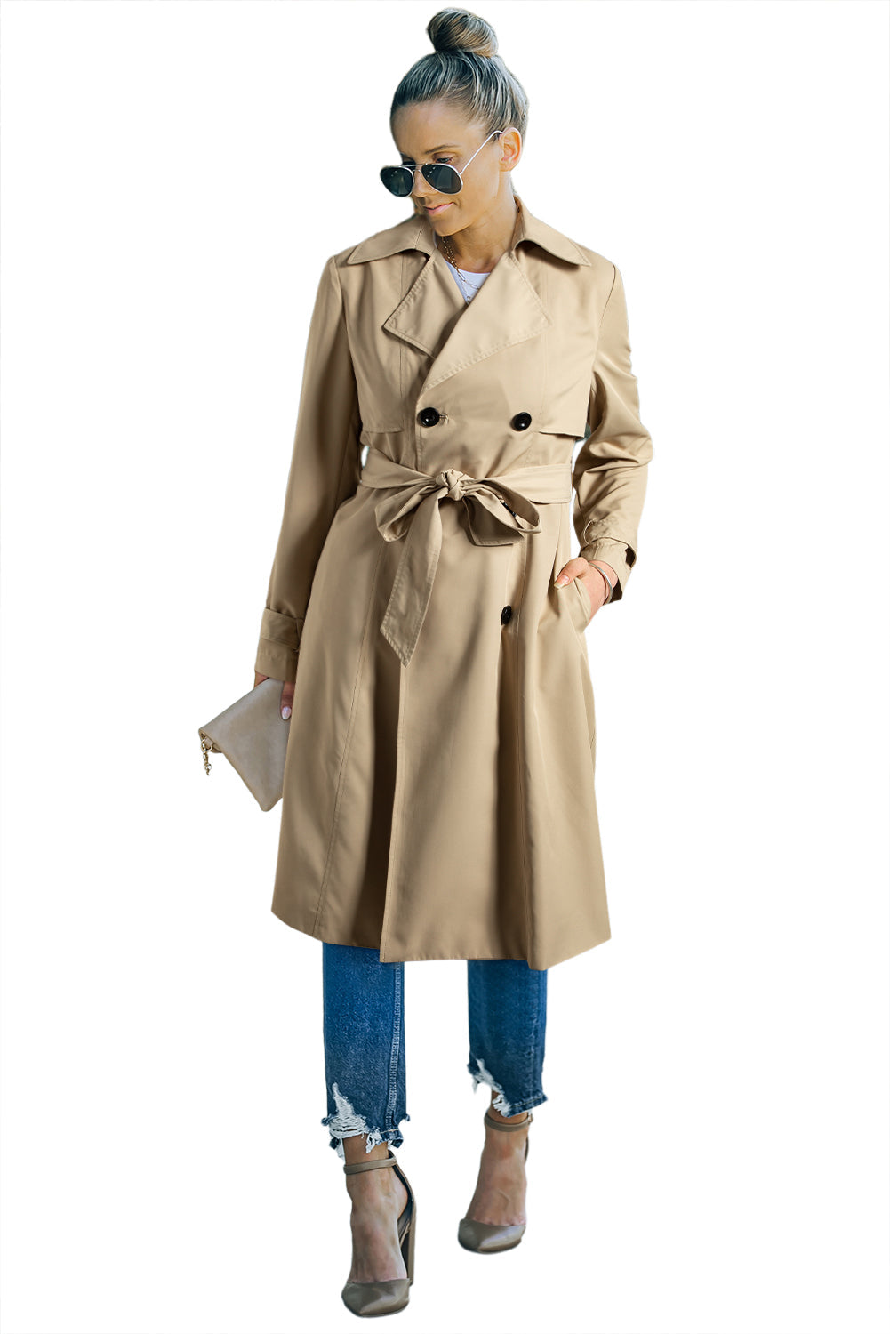 Pale Khaki Solid Color Lapel Collar Pocket Wind Coat - MAD RUFFI