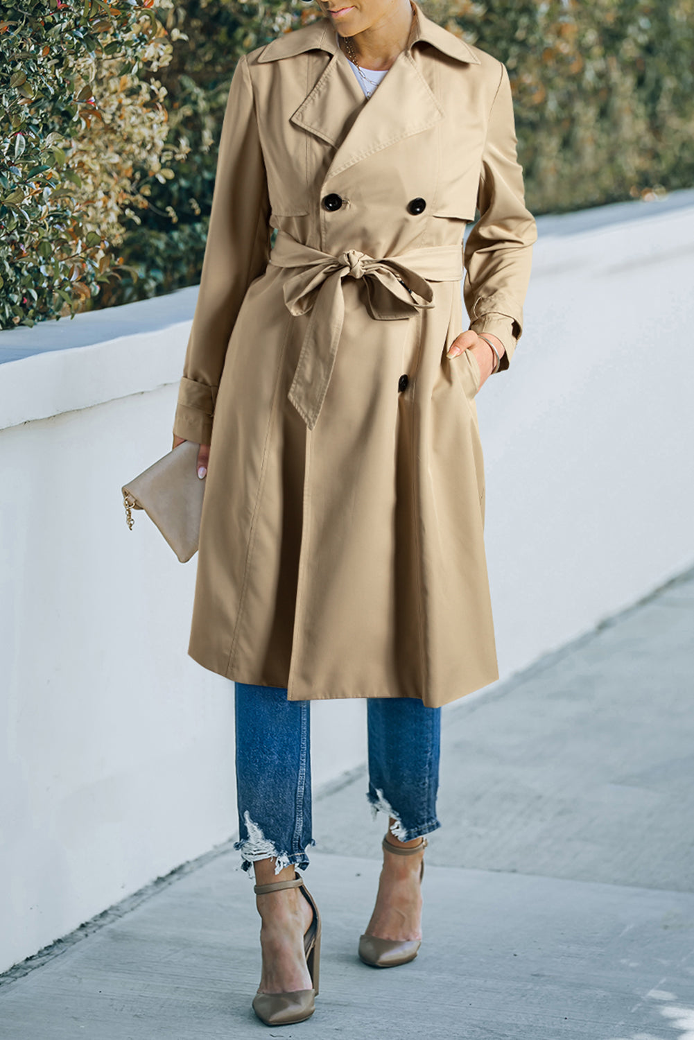 Pale Khaki Solid Color Lapel Collar Pocket Wind Coat - MAD RUFFI