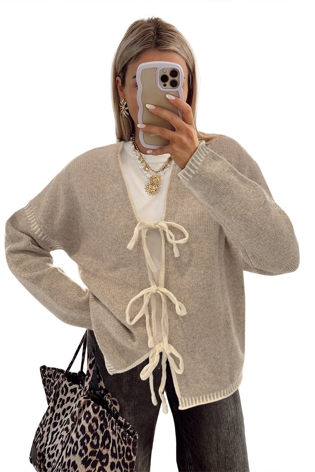 Pale Khaki Tied Front Drop Shoulder Chunky Casual Cardigan - MAD RUFFI