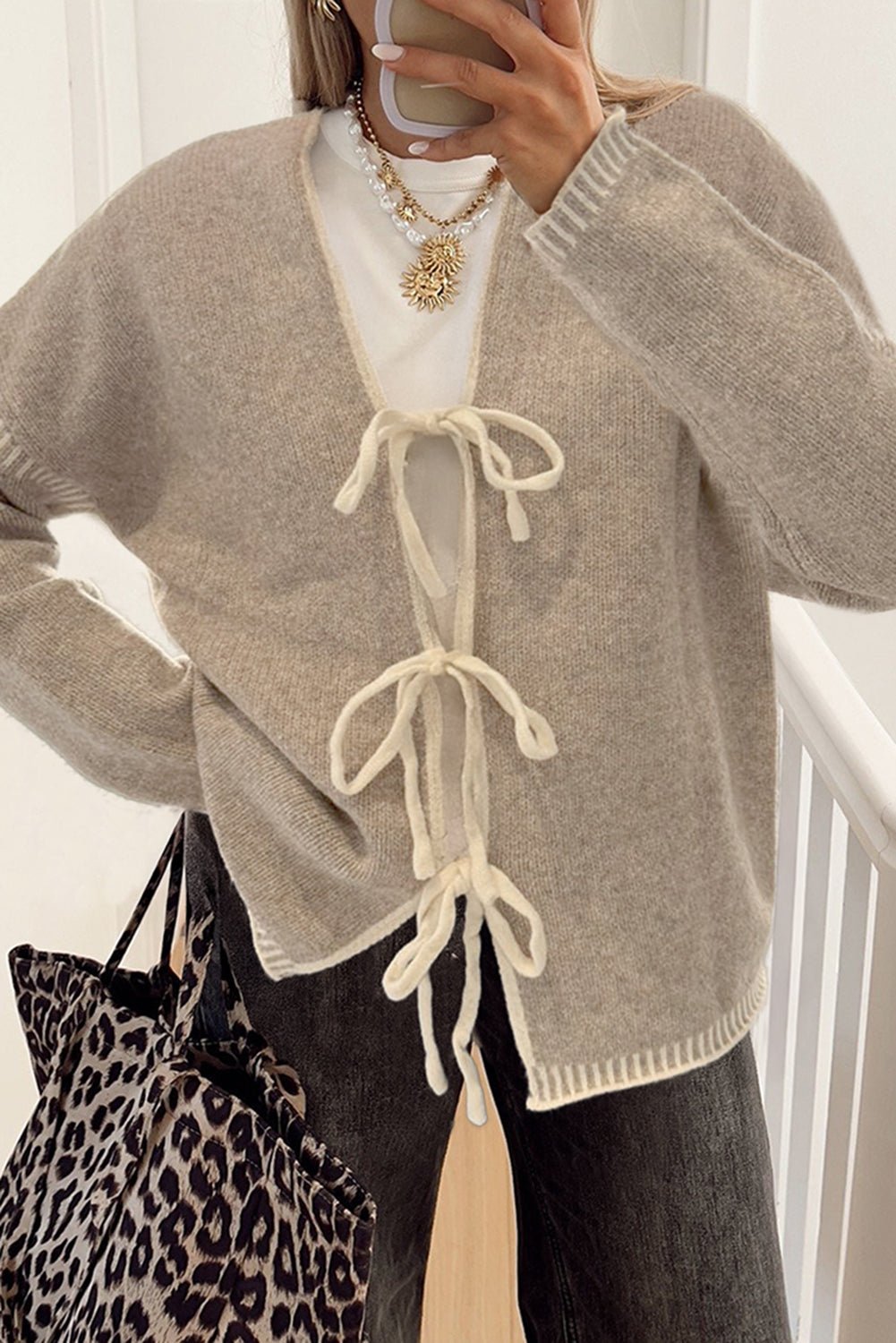 Pale Khaki Tied Front Drop Shoulder Chunky Casual Cardigan - MAD RUFFI
