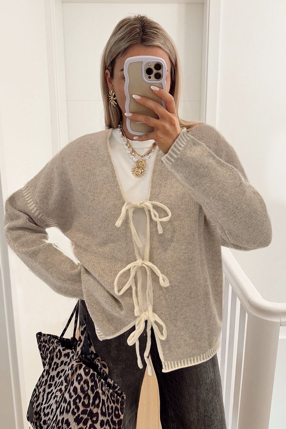 Pale Khaki Tied Front Drop Shoulder Chunky Casual Cardigan - MAD RUFFI