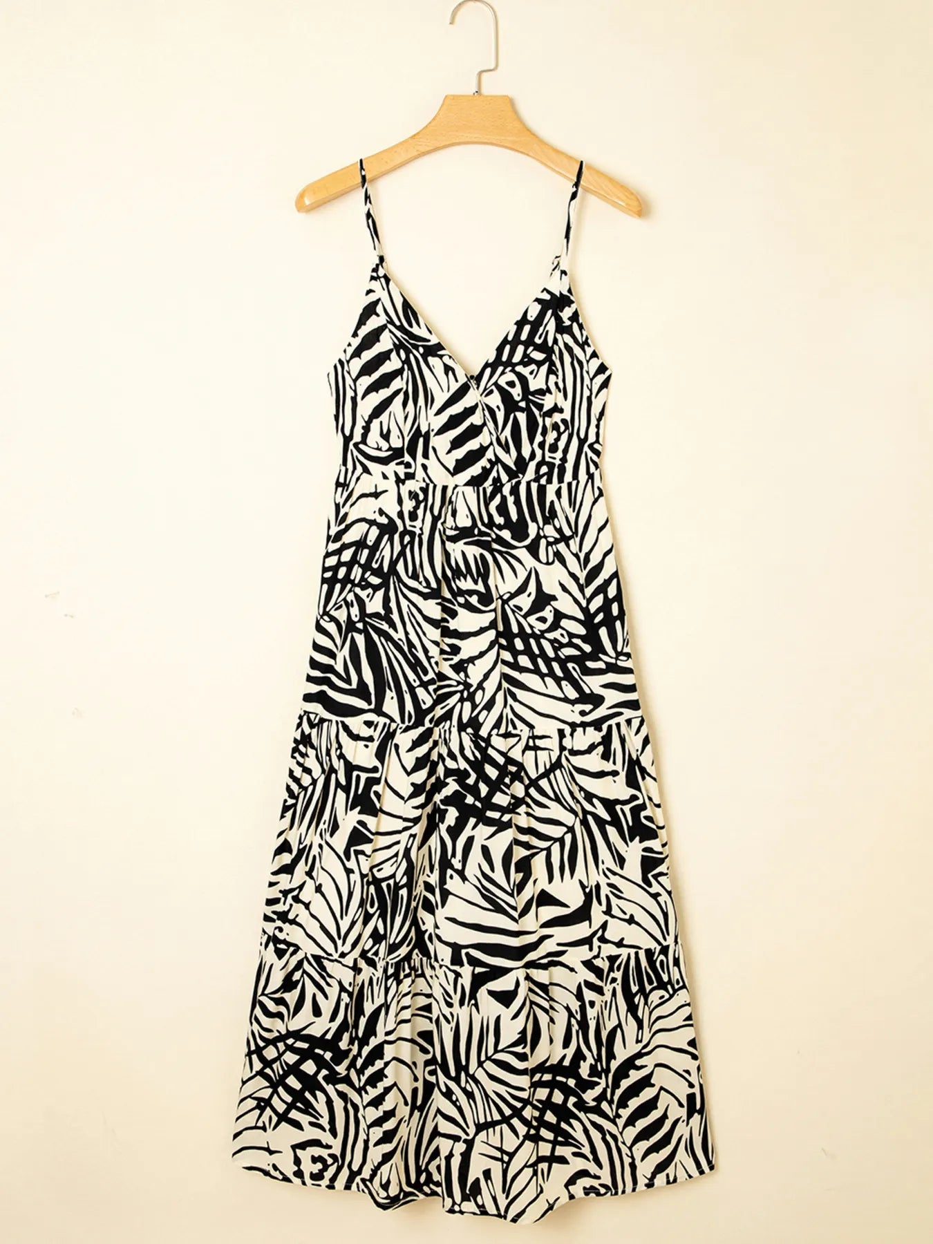 Palm Print Wrapped Spaghetti Straps Tiered Dress - MAD RUFFI