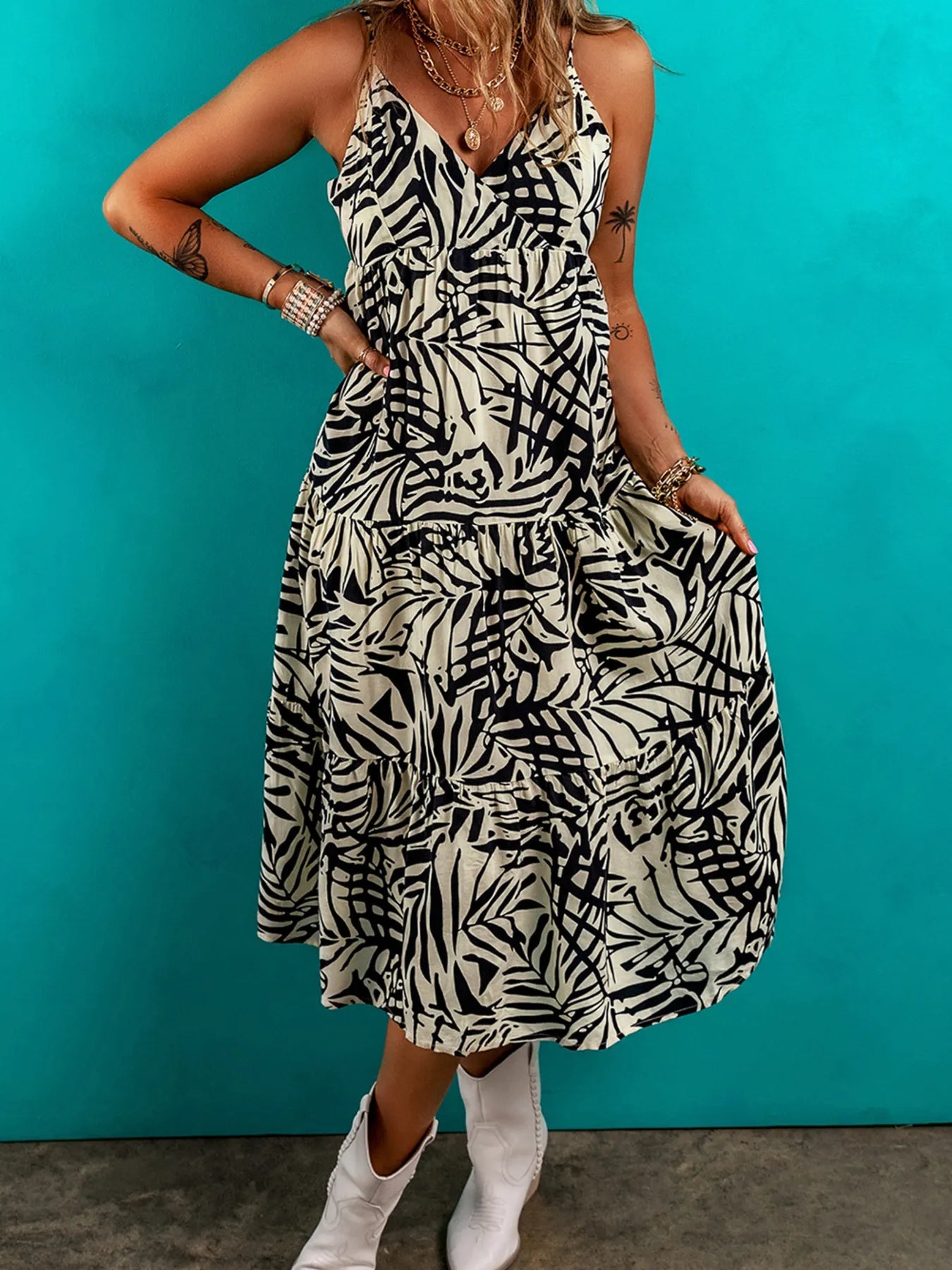 Palm Print Wrapped Spaghetti Straps Tiered Dress - MAD RUFFI