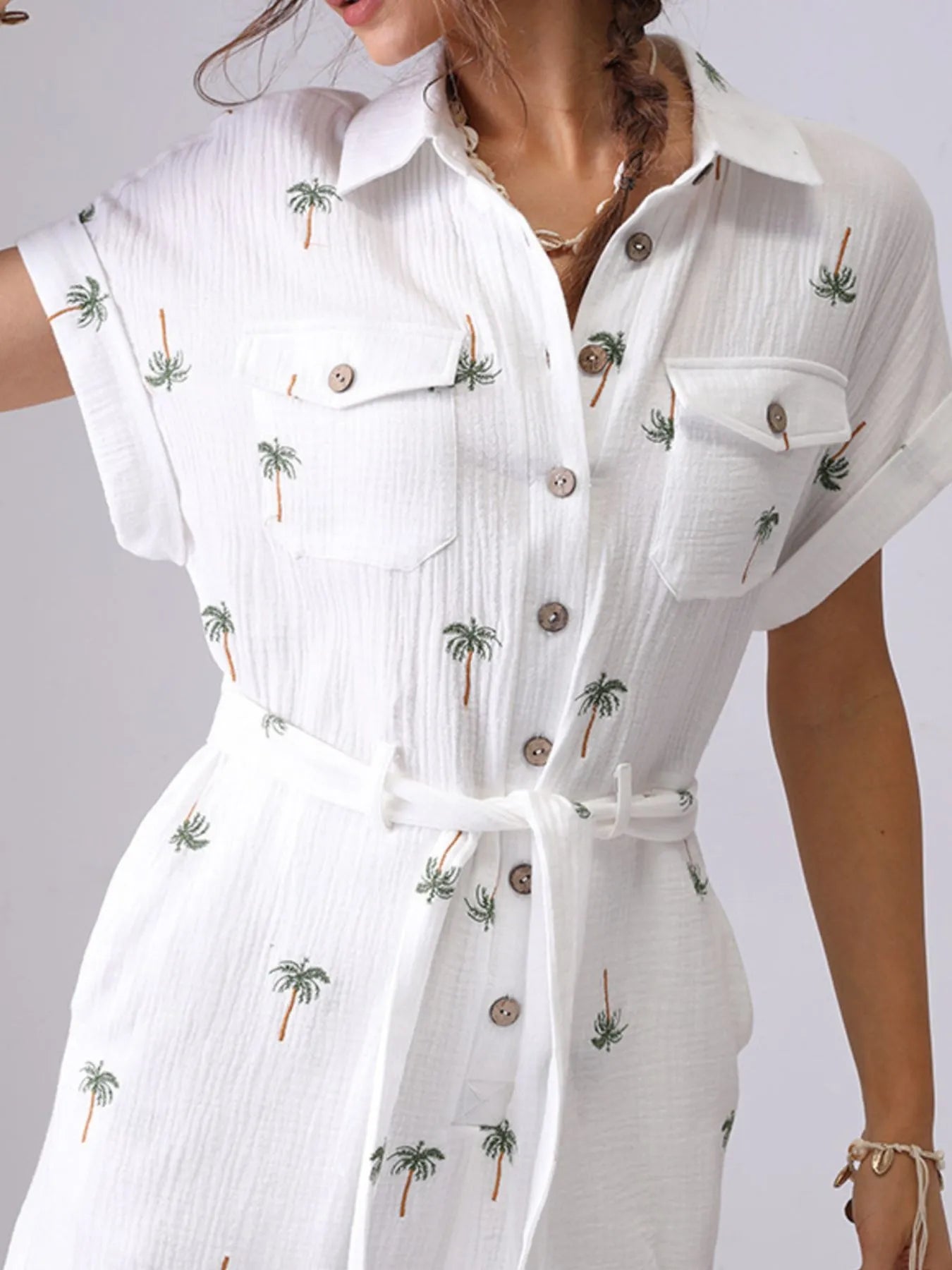Palm Tree Print Short Sleeve Button - Up Romper with Belt - MAD RUFFI