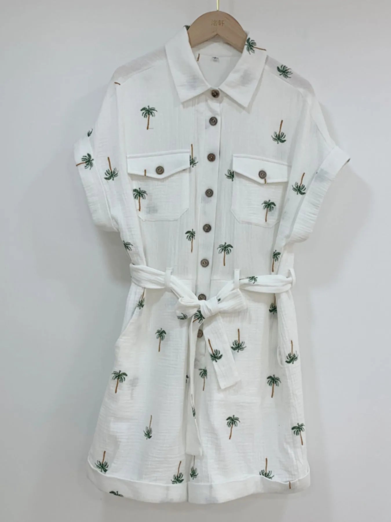 Palm Tree Print Short Sleeve Button - Up Romper with Belt - MAD RUFFI
