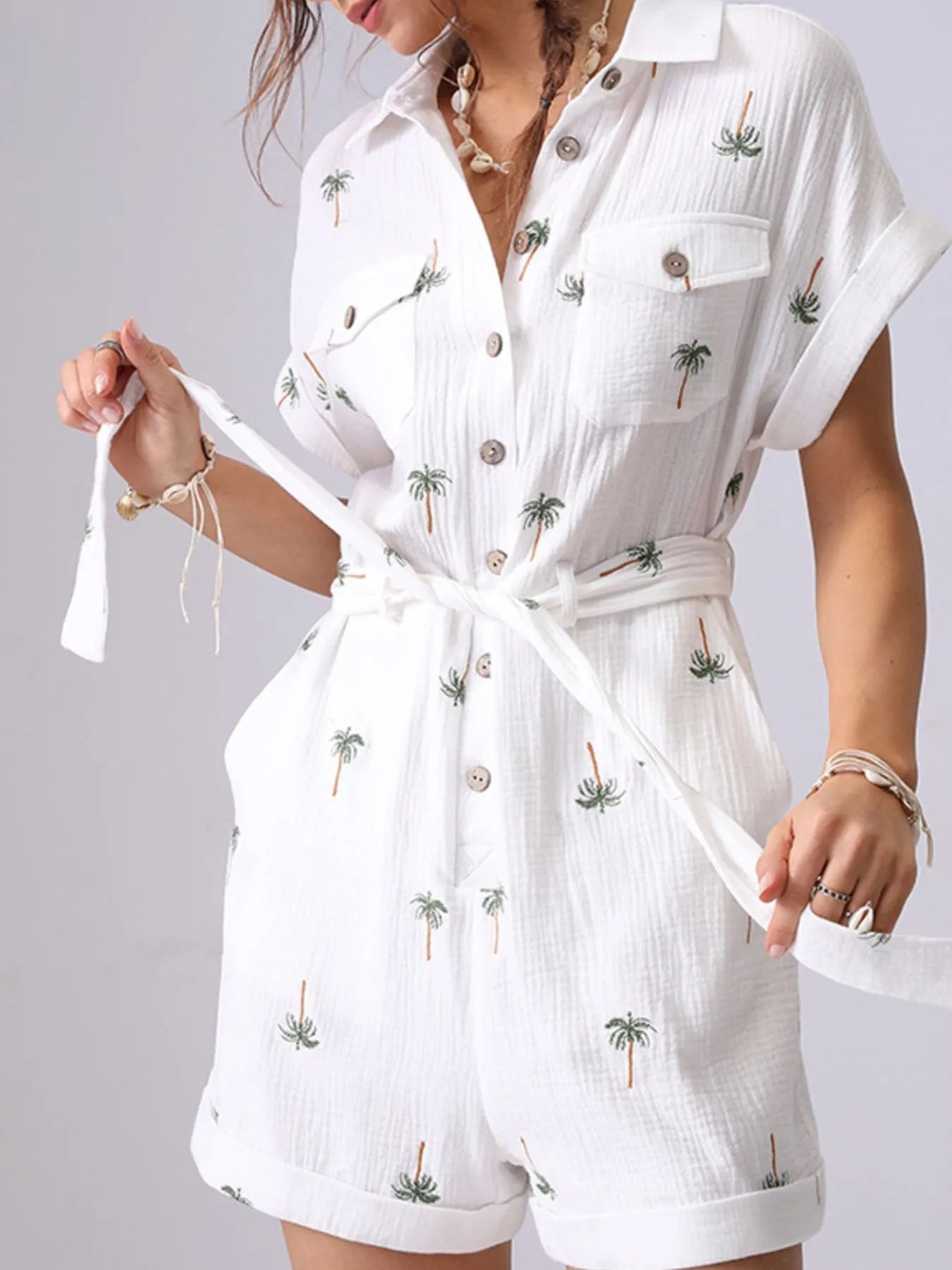 Palm Tree Print Short Sleeve Button - Up Romper with Belt - MAD RUFFI