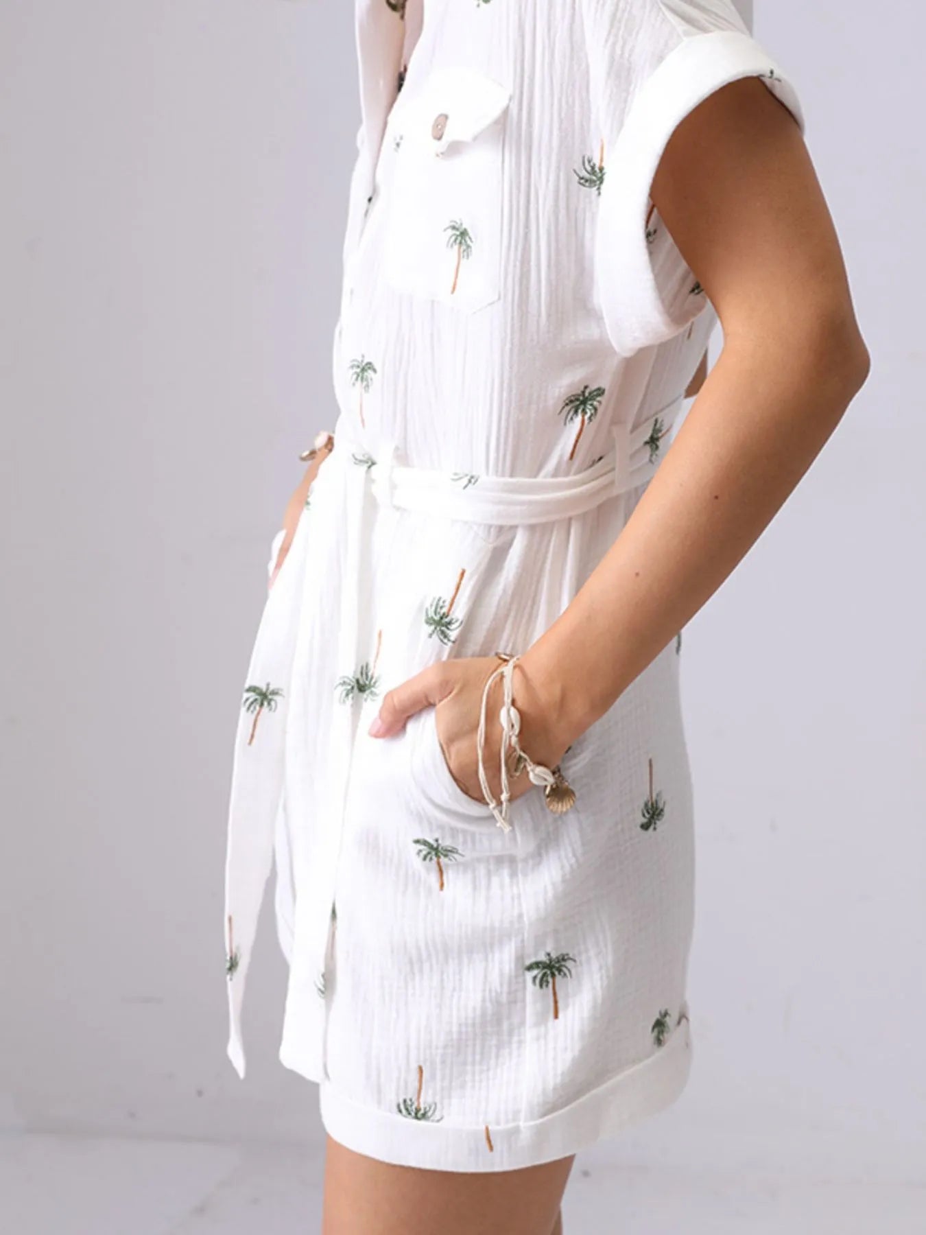 Palm Tree Print Short Sleeve Button - Up Romper with Belt - MAD RUFFI
