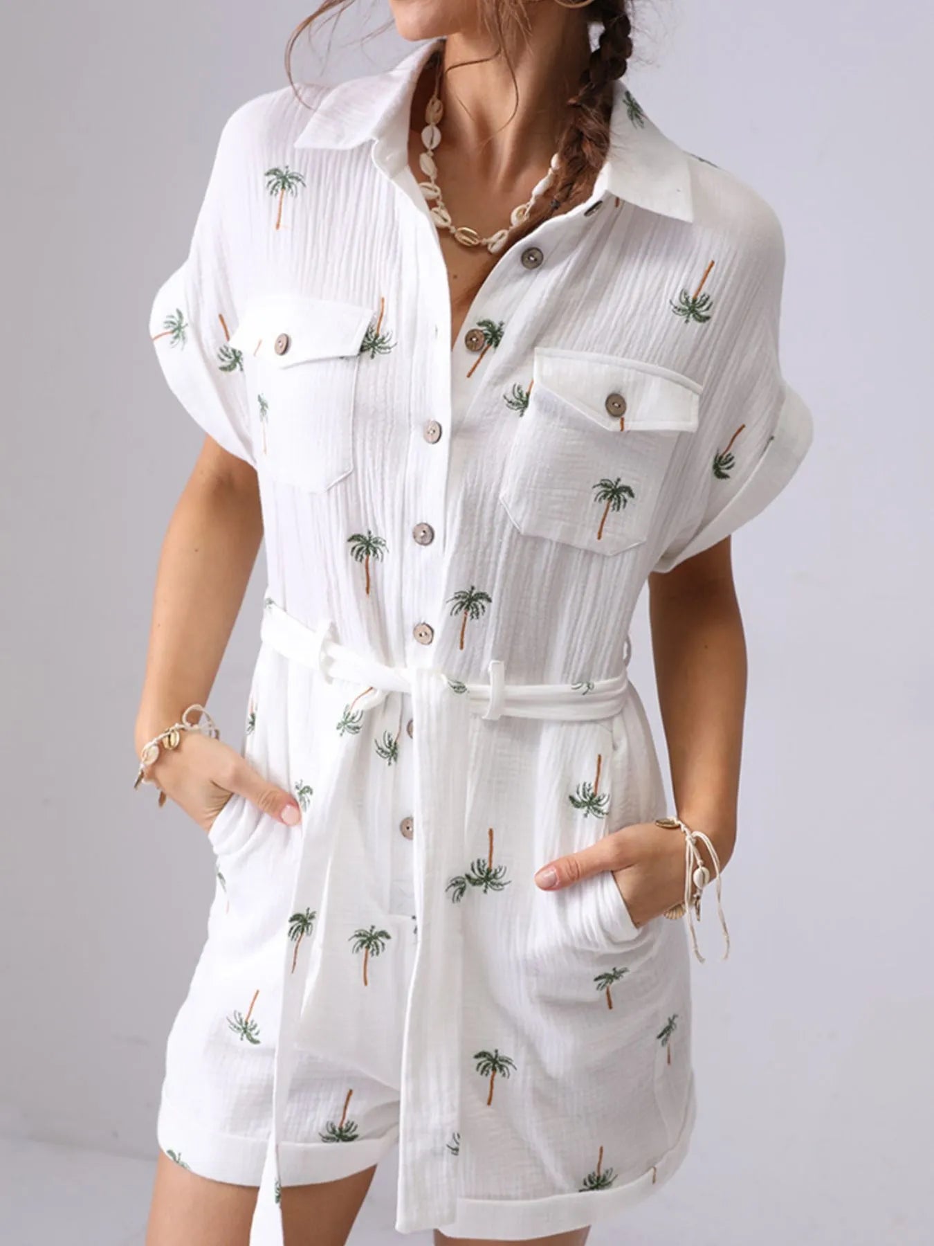 Palm Tree Print Short Sleeve Button - Up Romper with Belt - MAD RUFFI