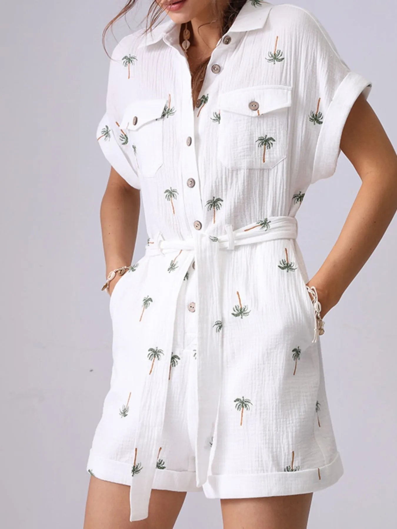 Palm Tree Print Short Sleeve Button - Up Romper with Belt - MAD RUFFI