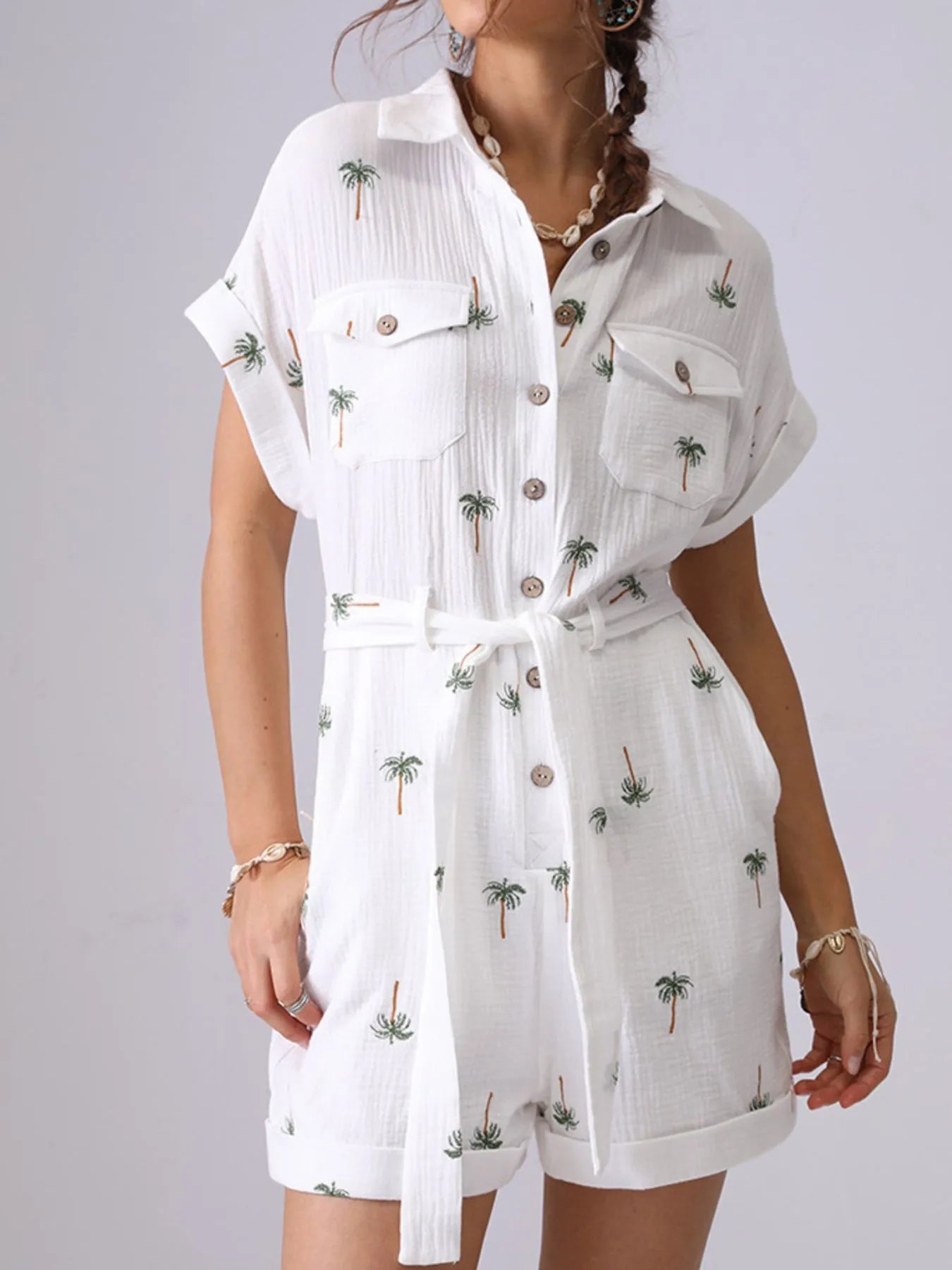 Palm Tree Print Short Sleeve Button - Up Romper with Belt - MAD RUFFI