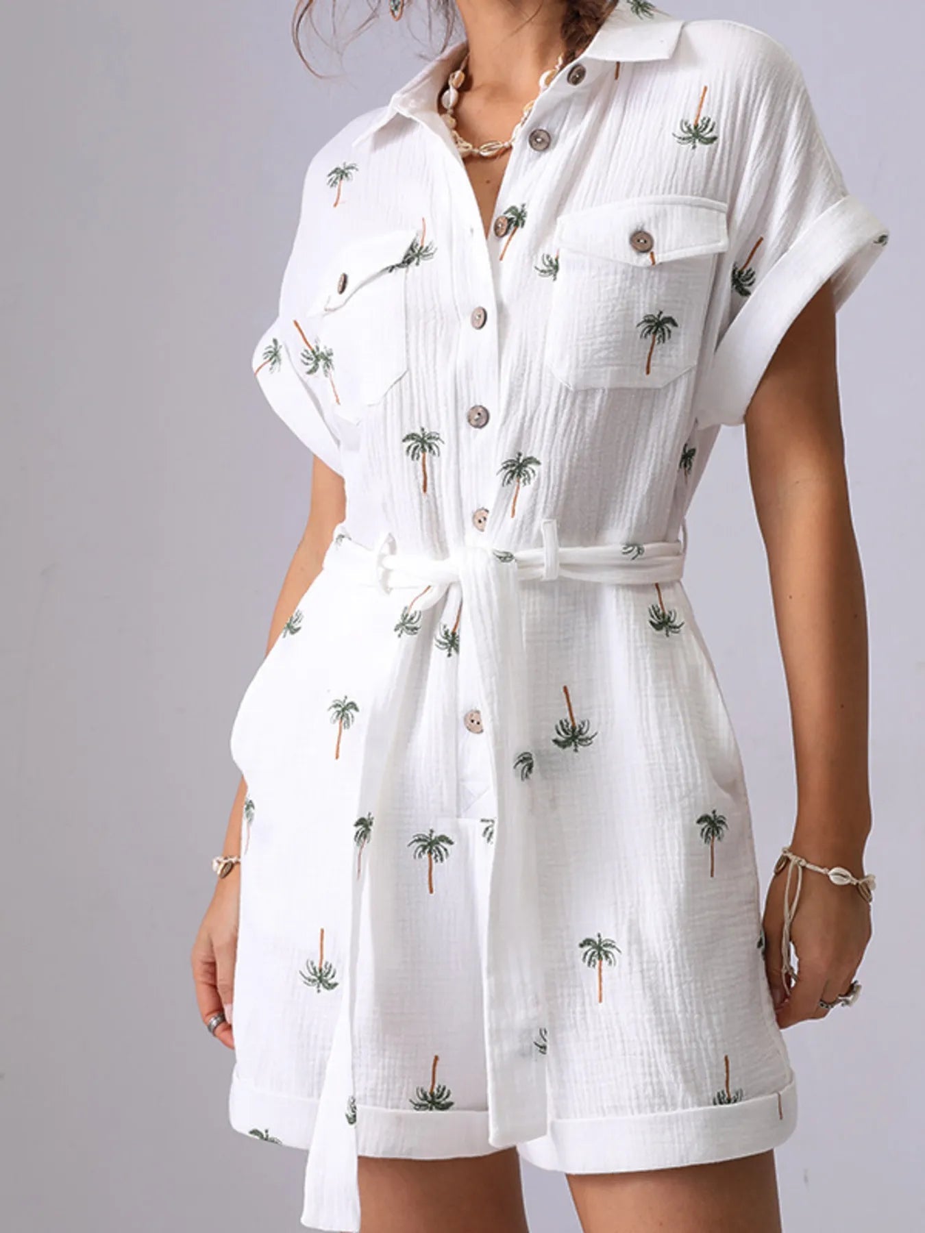 Palm Tree Print Short Sleeve Button - Up Romper with Belt - MAD RUFFI