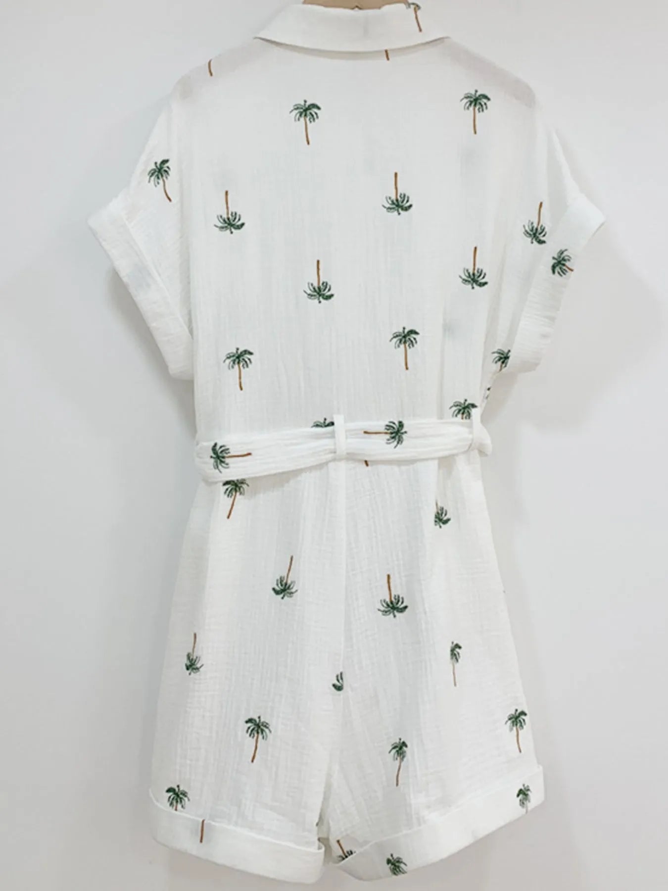 Palm Tree Print Short Sleeve Button - Up Romper with Belt - MAD RUFFI