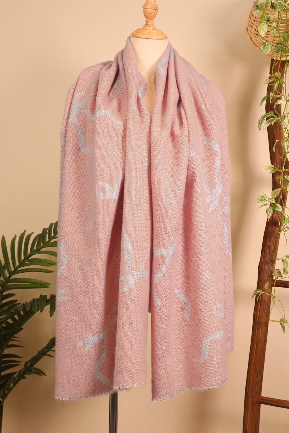 Parchment Bow Star Print Raw Edge Lightweight Scarf - MAD RUFFI